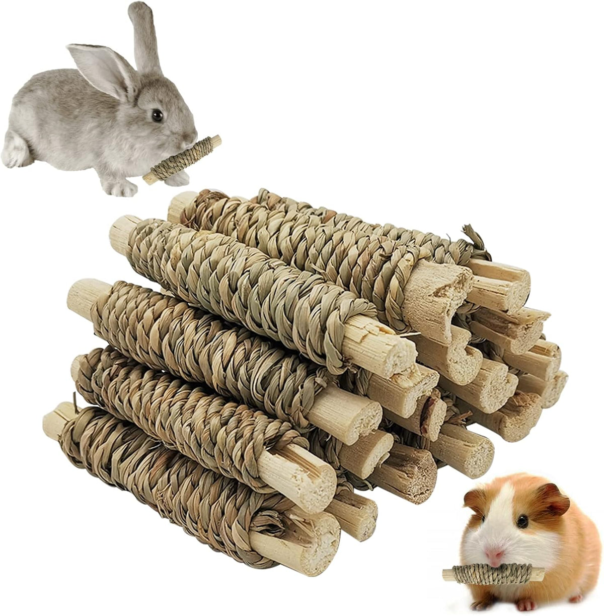 Fhiny 18 PCS Guinea Pig Chew Toys, Natural Seagrass Sweet Bamboo Molar Sticks for Teeth Bunny Chew