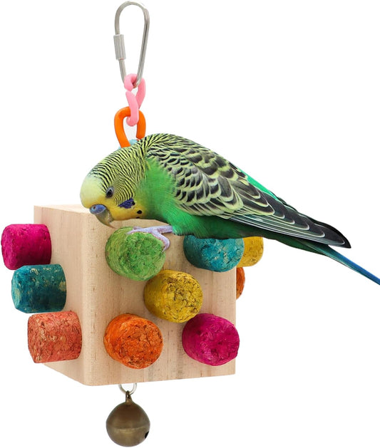 Square Bird Chew Toy, Parrot Cork Stopper Toys Bird Swing Bell Hanging Wooden Puzzle Foraging Toys