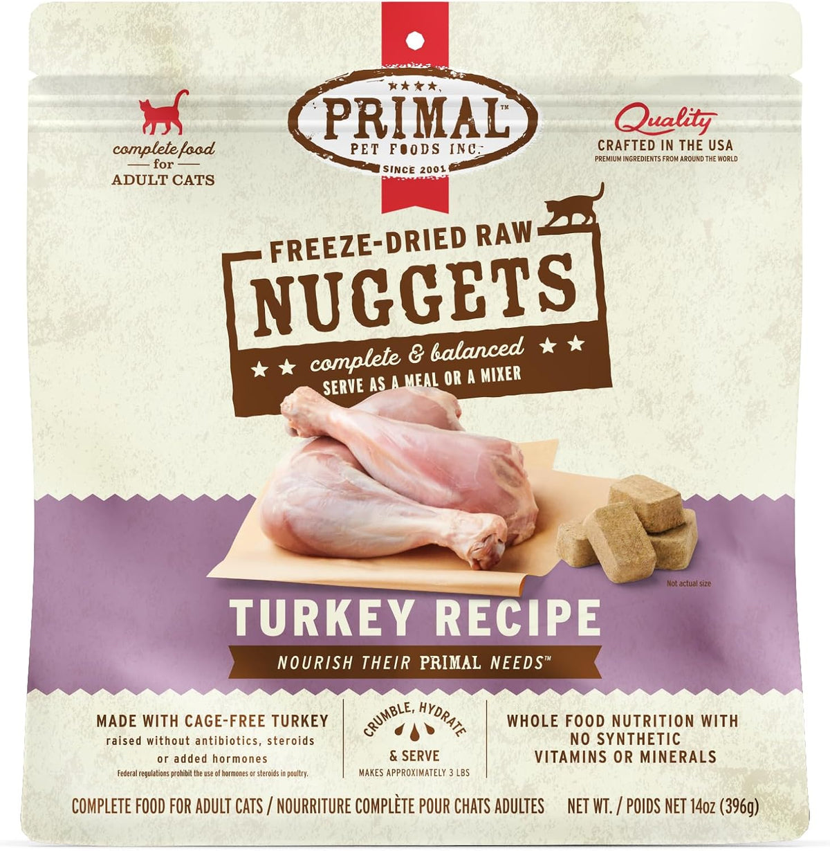 Primal Freeze Dried Raw Cat Food Nuggets Turkey, Complete & Balanced Meal or Topper, Premium