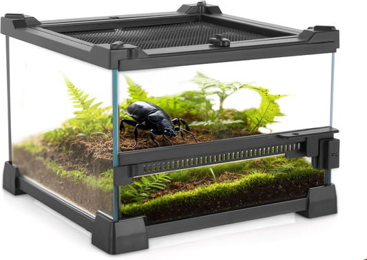 Mini Reptile Glass Terrarium 8"x8"x6" Durable Reptile Habitat Tank with Heat Resistant Aluminum
