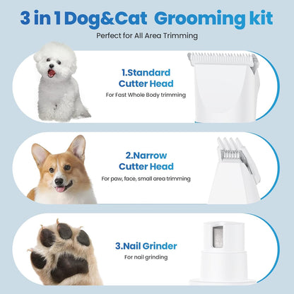 3-in-1 Dog & Cat Grooming Kit - Rechargeable Cordless Pet Hair Clippers with Nail Grinder & Paw