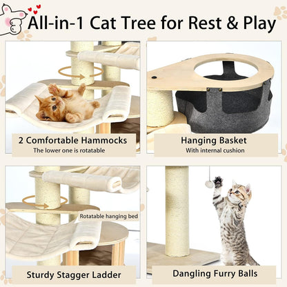 Tangkula Large Cat Tree, Multi-Level Tall Cat Tower with Sisal Scratching Posts, Hammocks, Hanging