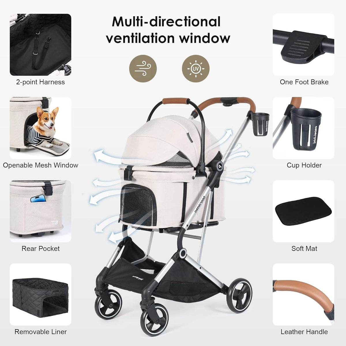 T3 Pro 3-in-1 Pet Stroller for Small Dogs & Cats – Foldable, Lightweight with Detachable Carrier