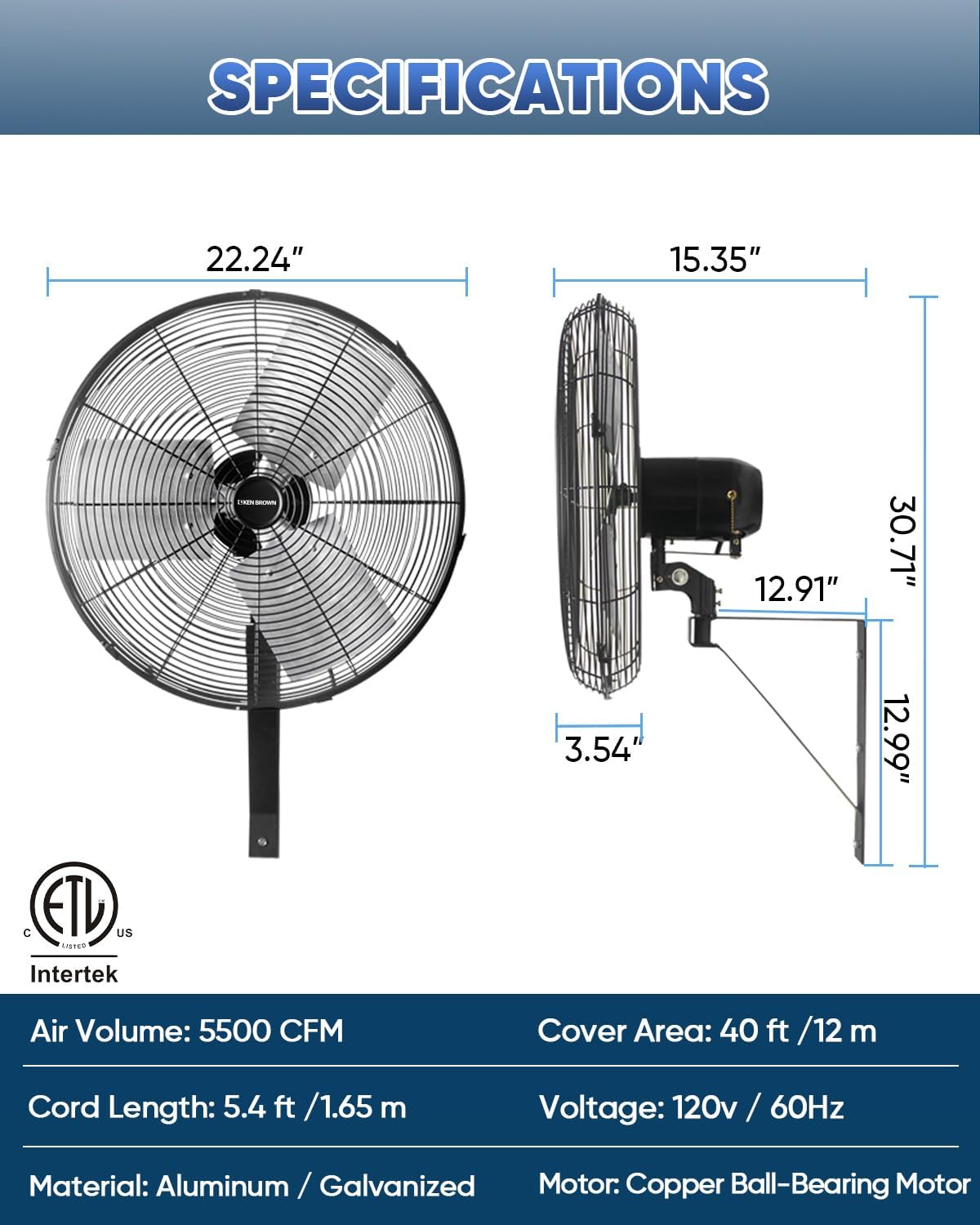 KEN BROWN 20 Inch Industrial Oscillating Wall Mount Fan 5500CFM,Heavy Duty,High Velocity,3