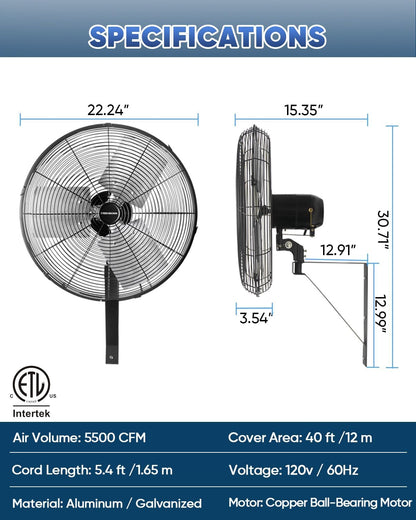 KEN BROWN 20 Inch Industrial Oscillating Wall Mount Fan 5500CFM,Heavy Duty,High Velocity,3