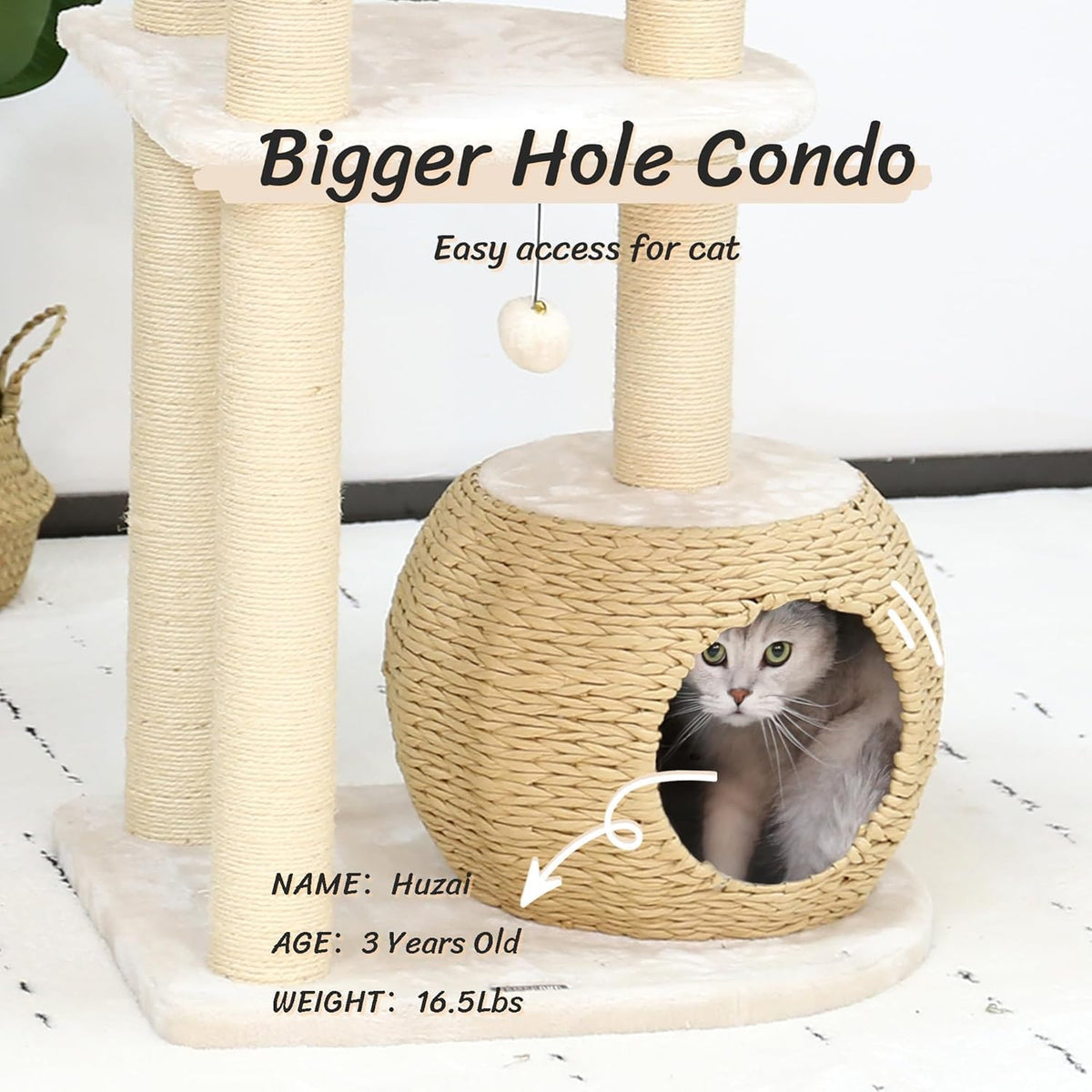 KAMABOKO Modern Cat Tree, 53" Cat Tower for Indoor Cats Natural Sisal Scratching Posts, Hand-Woven