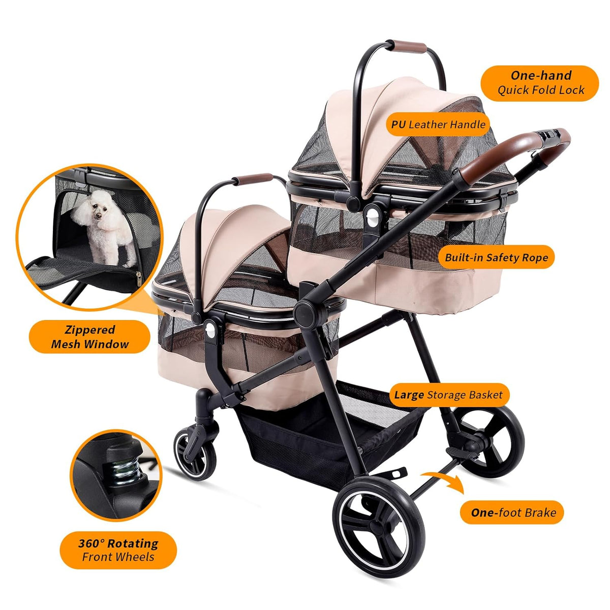 Foldable Double Pet Stroller for 2 Small Medium Cats Dogs, Lightweight Single and Double Integrated