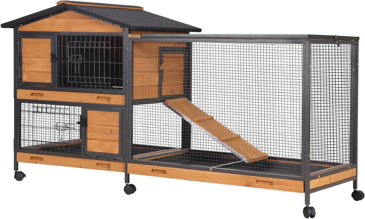 GUTINNEEN Rabbit Hutch Outdoor with Metal Surround Indoor Rabbit Cage with Wheels Bunny Cage Large
