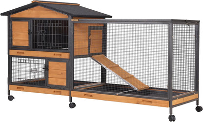 GUTINNEEN Rabbit Hutch Outdoor with Metal Surround Indoor Rabbit Cage with Wheels Bunny Cage Large