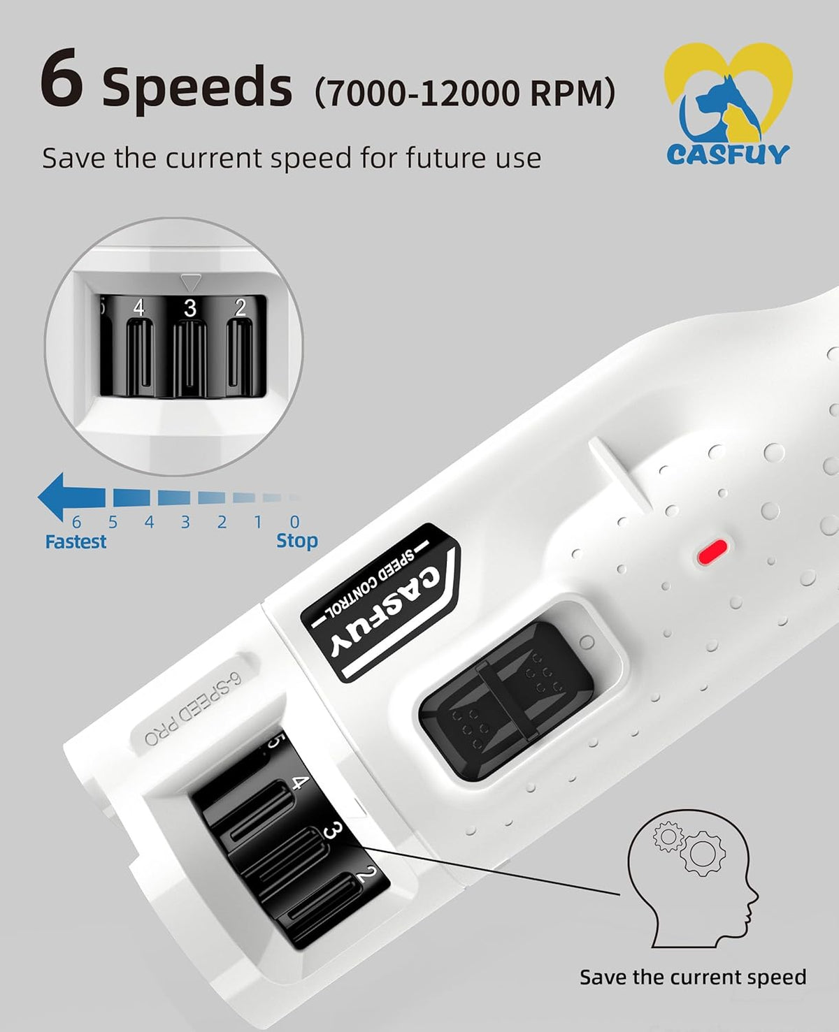 Casfuy Dog Nail Grinder Quiet - (45db) 6-Speed Pet Nail Grinder with 2 LED Lights for Large Medium