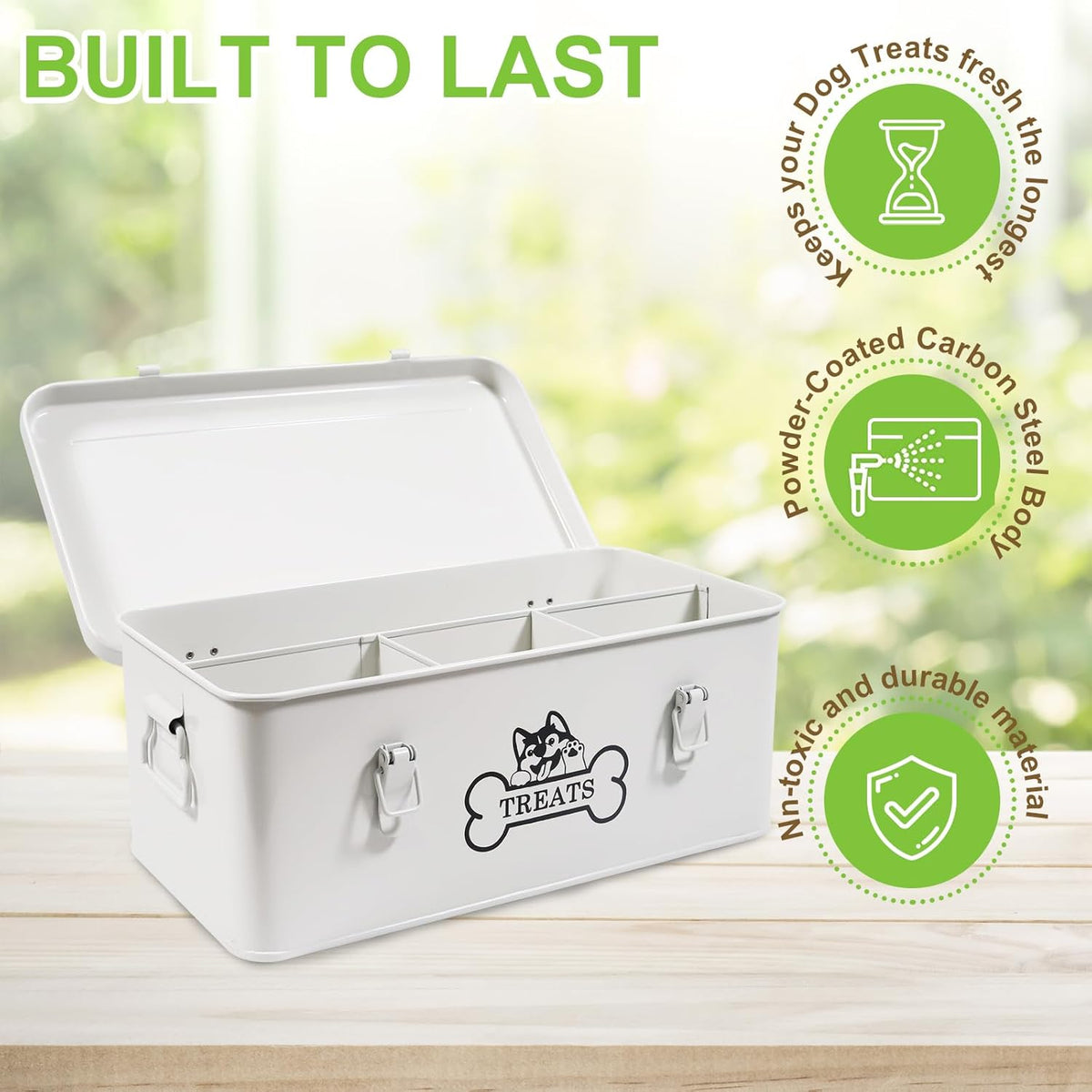 Metal Dog Treat Container,Dog Treats Storage Box with Lid,White Pet Food Bin with