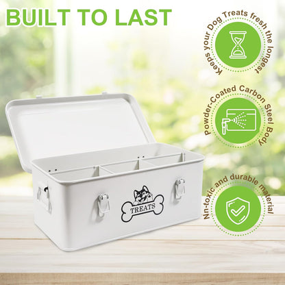 Metal Dog Treat Container,Dog Treats Storage Box with Lid,White Pet Food Bin with