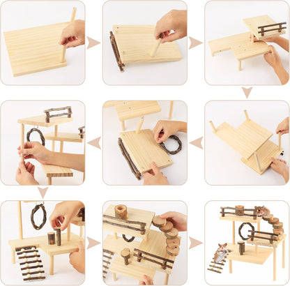 HOSUKKO Hamster Climbing Toys 3-Tier Extra Large Hamster Playground Natural Wooden Small Animal