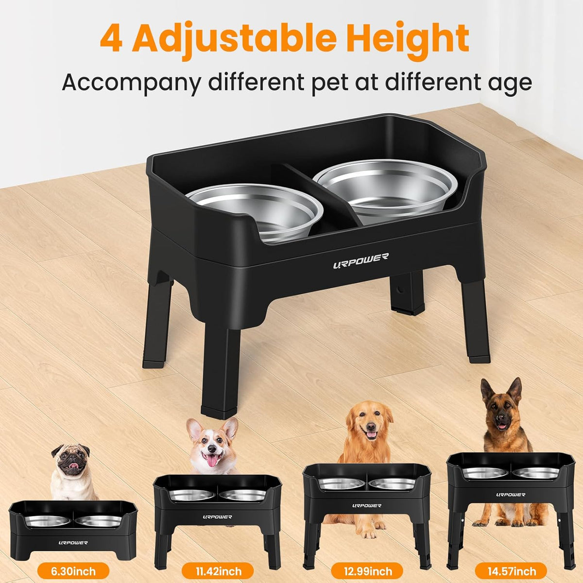 URPOWER 3-in-1 Elevated Dog Bowls - Mess Proof Double Deck 4 Height Adjustable Raised Stand with 2