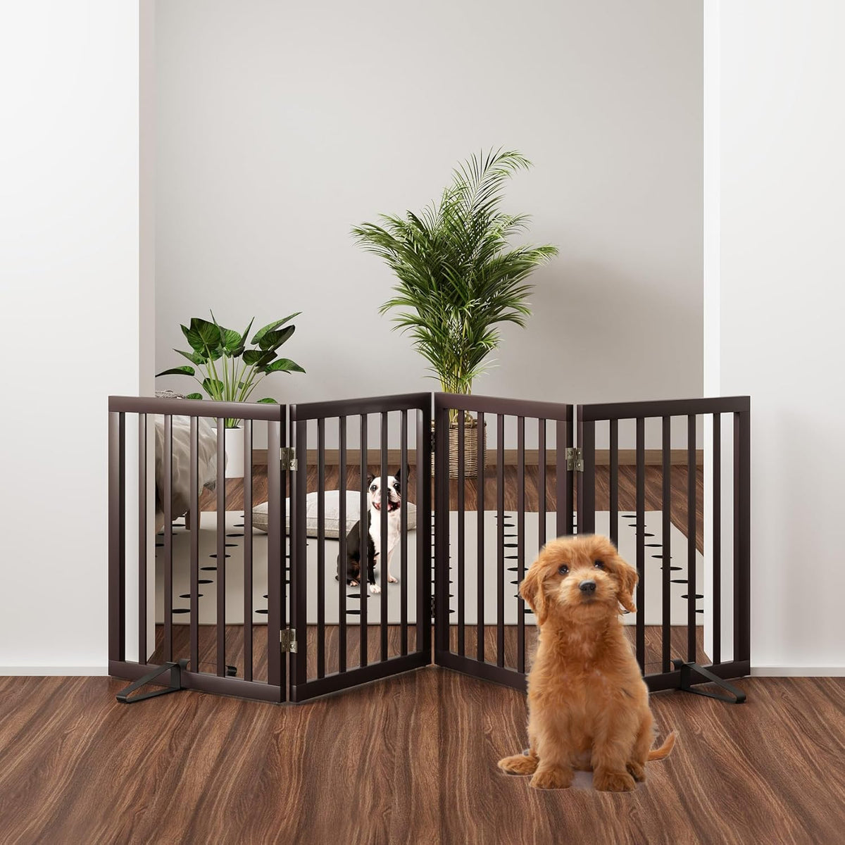 Freestanding Dog Gate Folding Brown Dog Gates for The House Doorways Stairs Pet Gates for Dogs