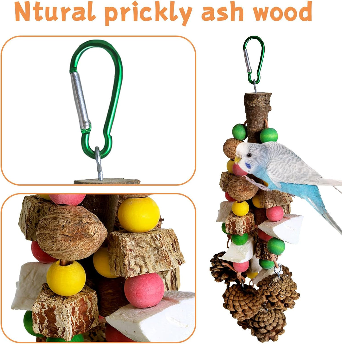 kathson Parrot Chew Toys, Medium Size Natural Wooden Bird Toys with Colorful Blocks, Hanging Bird