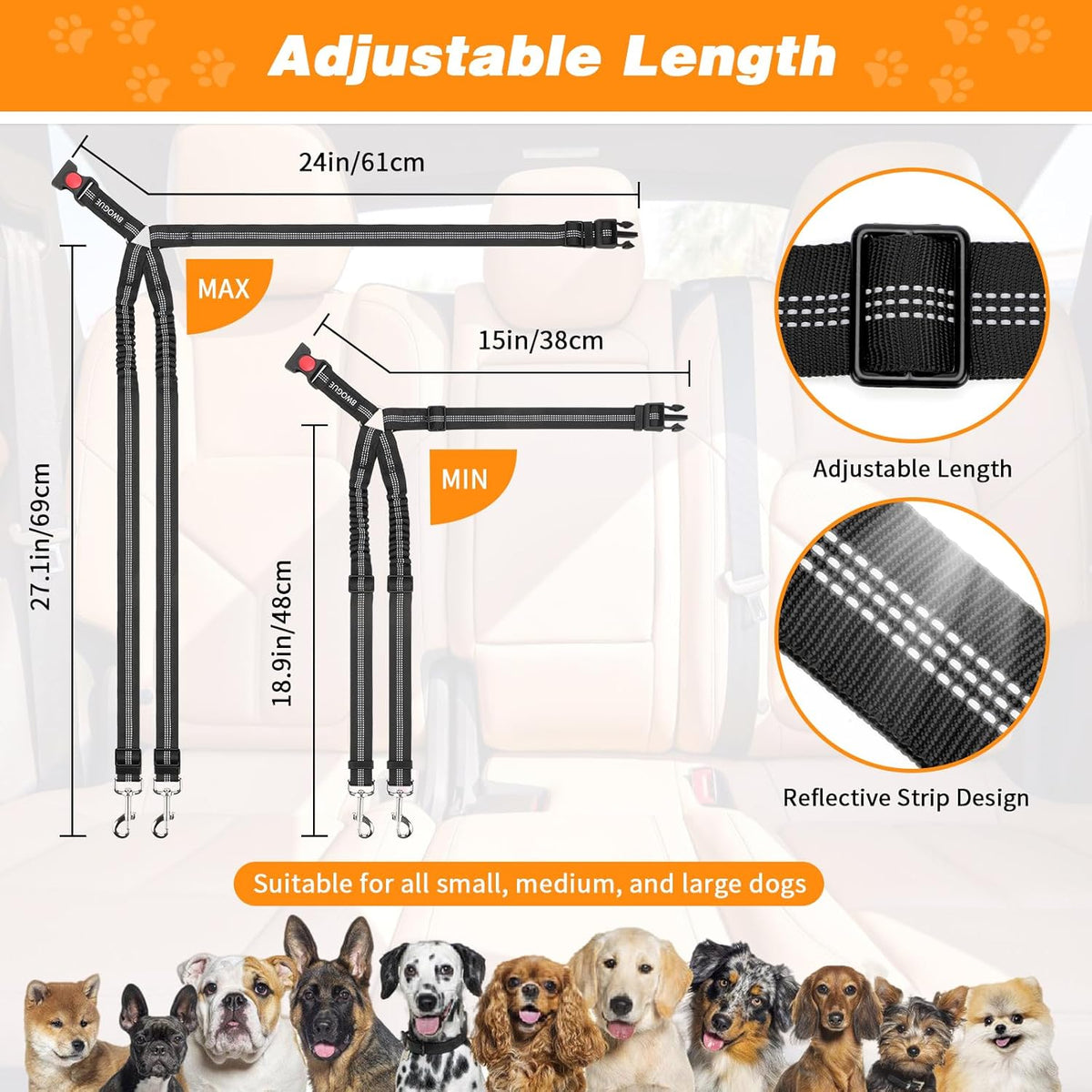 BWOGUE Double Dog Cat Seat Belts, Car Headrest Restraint Adjustable Travel Leash,Safety Elastic
