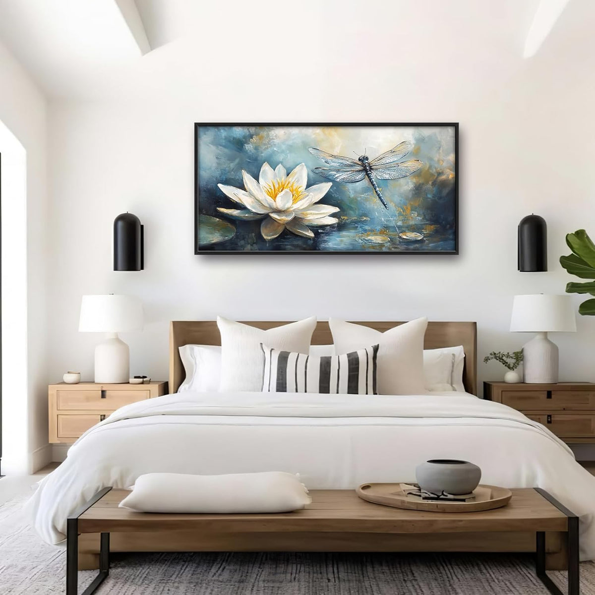 Extra Large Lotus Dragonfly Framed Wall Art for Living Room,Abstract Blue Lotus Flower Lake