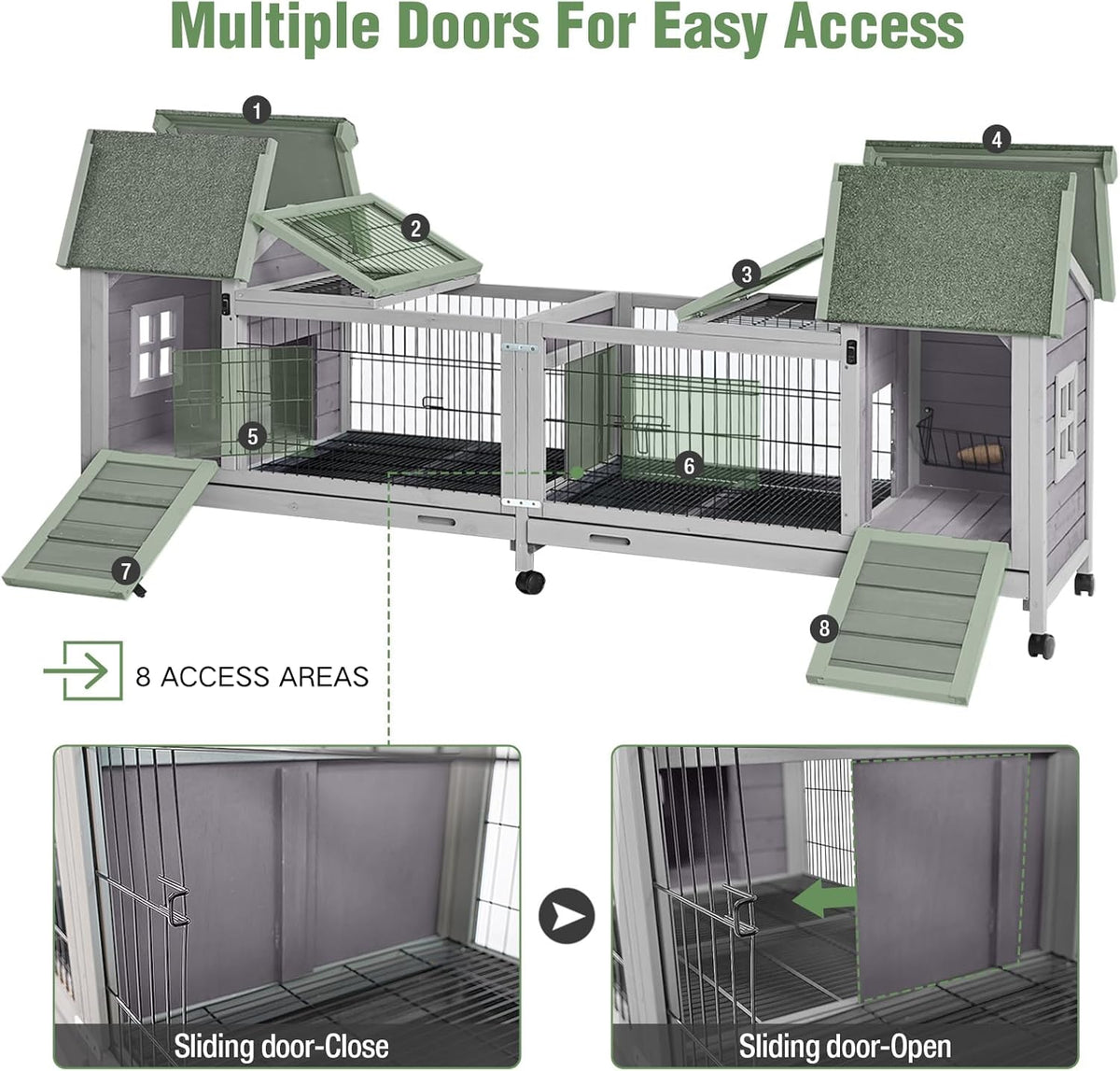 Wooden Rabbit Hutch with Wheels, Indoor Outdoor Bunny Cage with Removable Netting, Guinea Pig House