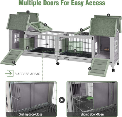 Wooden Rabbit Hutch with Wheels, Indoor Outdoor Bunny Cage with Removable Netting, Guinea Pig House