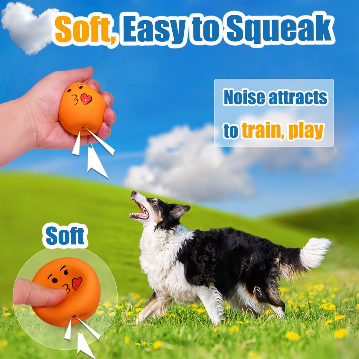 Squeaky Dog Toys for Medium Dogs, Soft Latex Squeaky Dog Balls, Smile Dog Toys 6pcs Round Balls for