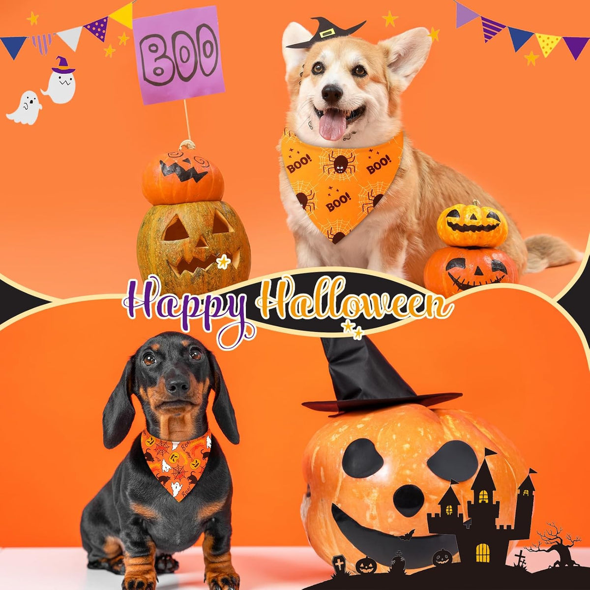 Weewooday 50 Pcs Halloween Dog Bandanas Bulk Pumpkin Ghost Bandanas for Dogs Soft Triangle Bibs