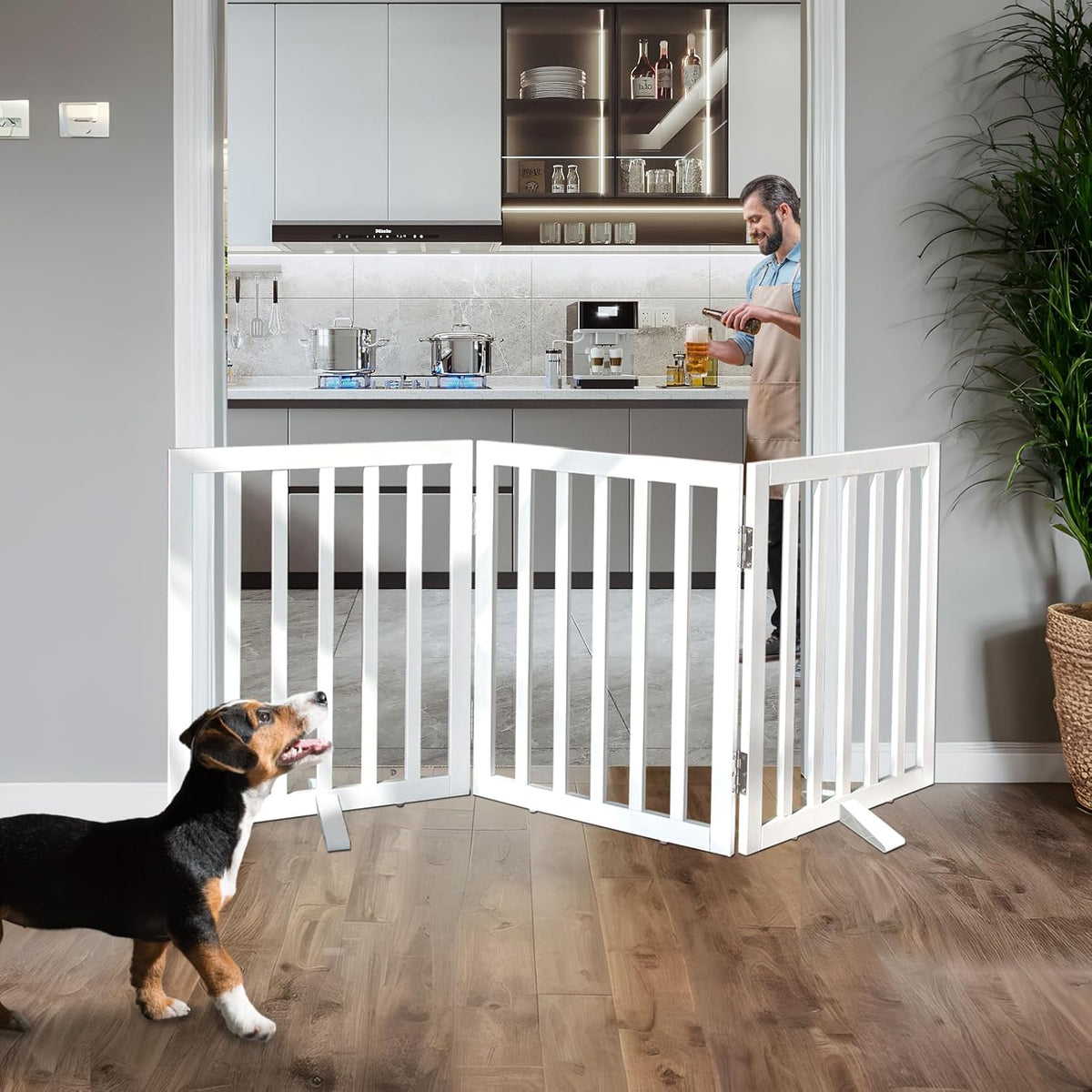 ZJSF Freestanding Indoor Dog Gate for House Foldable Wood White Puppy Gate for Doorways Pet Gate