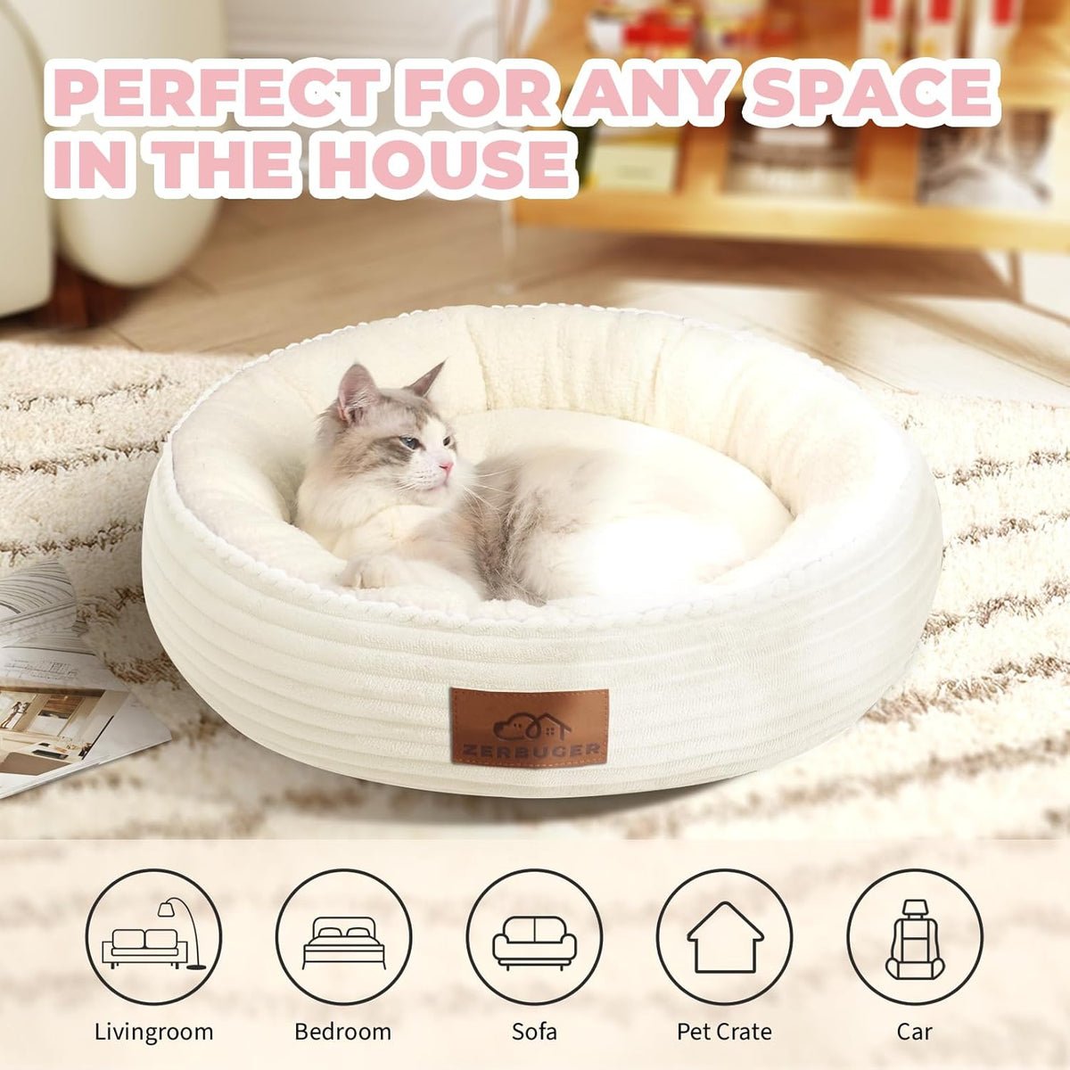 23in Cream Round Cat Dog Bed Gift for Large Medium Small Dogs Cats, Machine Washable Sleeping Sofa