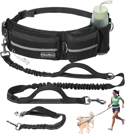 Hands-Free Dog Leash With Pouch, Waist Attachment for Walking Two Dogs, Reflective Stitching, Dual