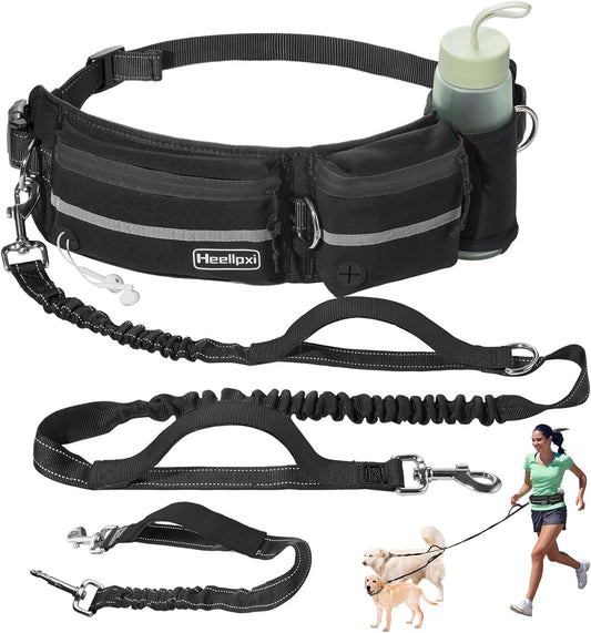Hands-Free Dog Leash With Pouch, Waist Attachment for Walking Two Dogs, Reflective Stitching, Dual