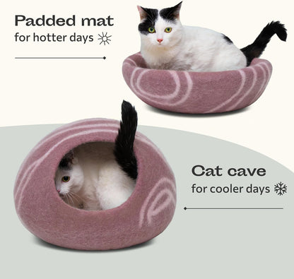 MEOWFIA Cat Cave – Premium Felt Cat Bed for Indoor Cats, Handmade 100% Merino Wool (Gold Rose