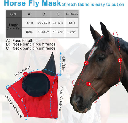 Horse Fly Mask with Ears, Comfortable Fit Stretch Fabric with UV Protection Soft on Skin