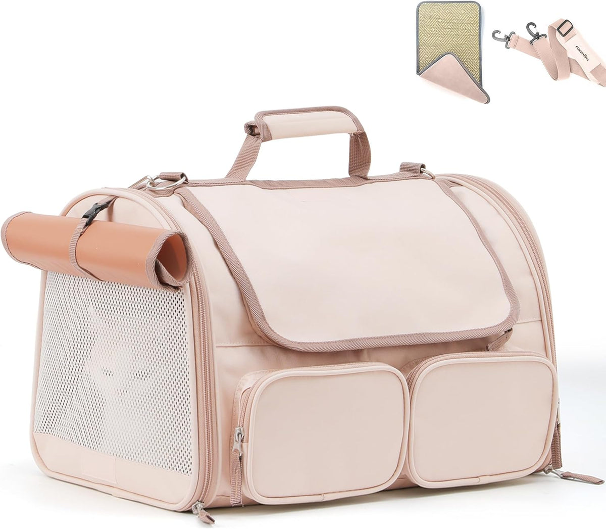 FUKUMARU Cat Carrier, 4 Mesh Windows Small Dog Carrier, 4 Storage Pockets Cat Travel Bag, Under 15