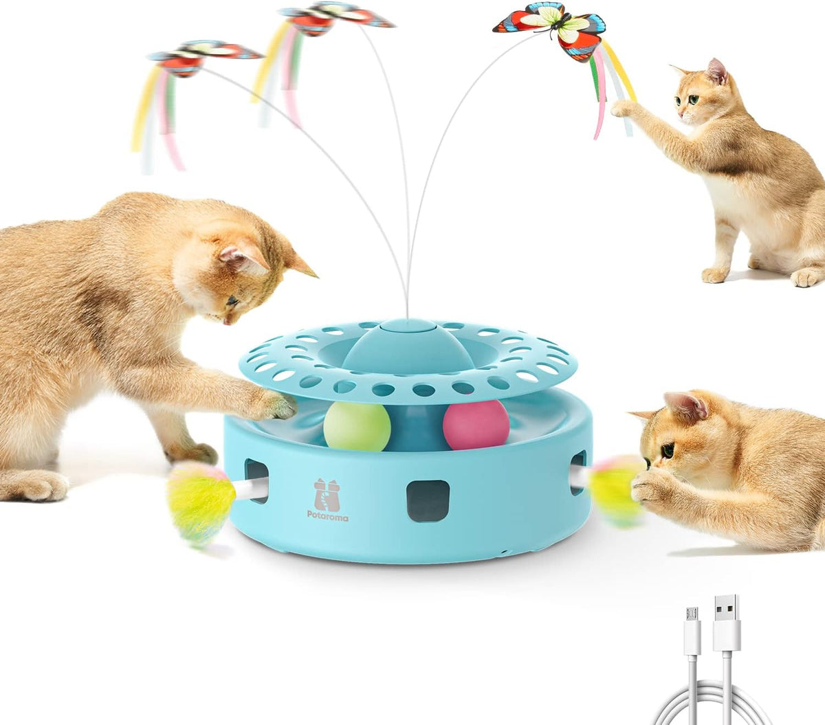 Potaroma Cat Toys 3-in-1 Automatic Interactive Kitten Toy, Fluttering Butterfly, Random Moving