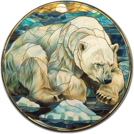 Lygond Metal Sign Tin Sign Circular Stained Glass Polar Bear Bar Signs for Home Decor for Pet 12×12