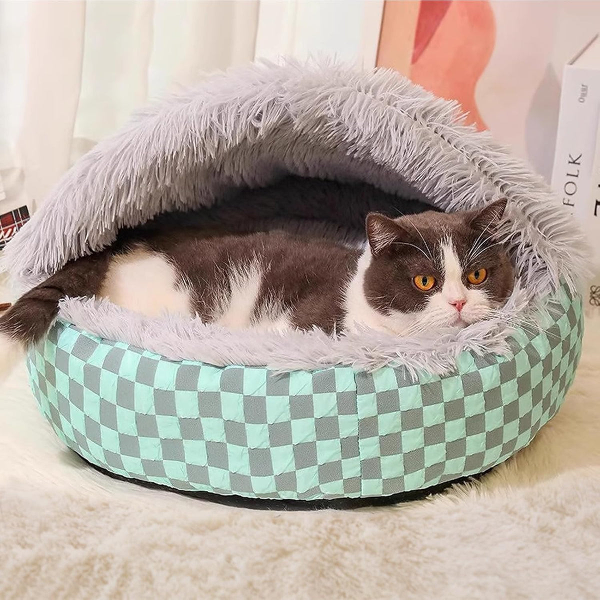 Cat Bed Hooded Plush Nest with Self-Warming Cozy Cave, Calming Anti-Anxiety Pet Bed for Indoor Cats