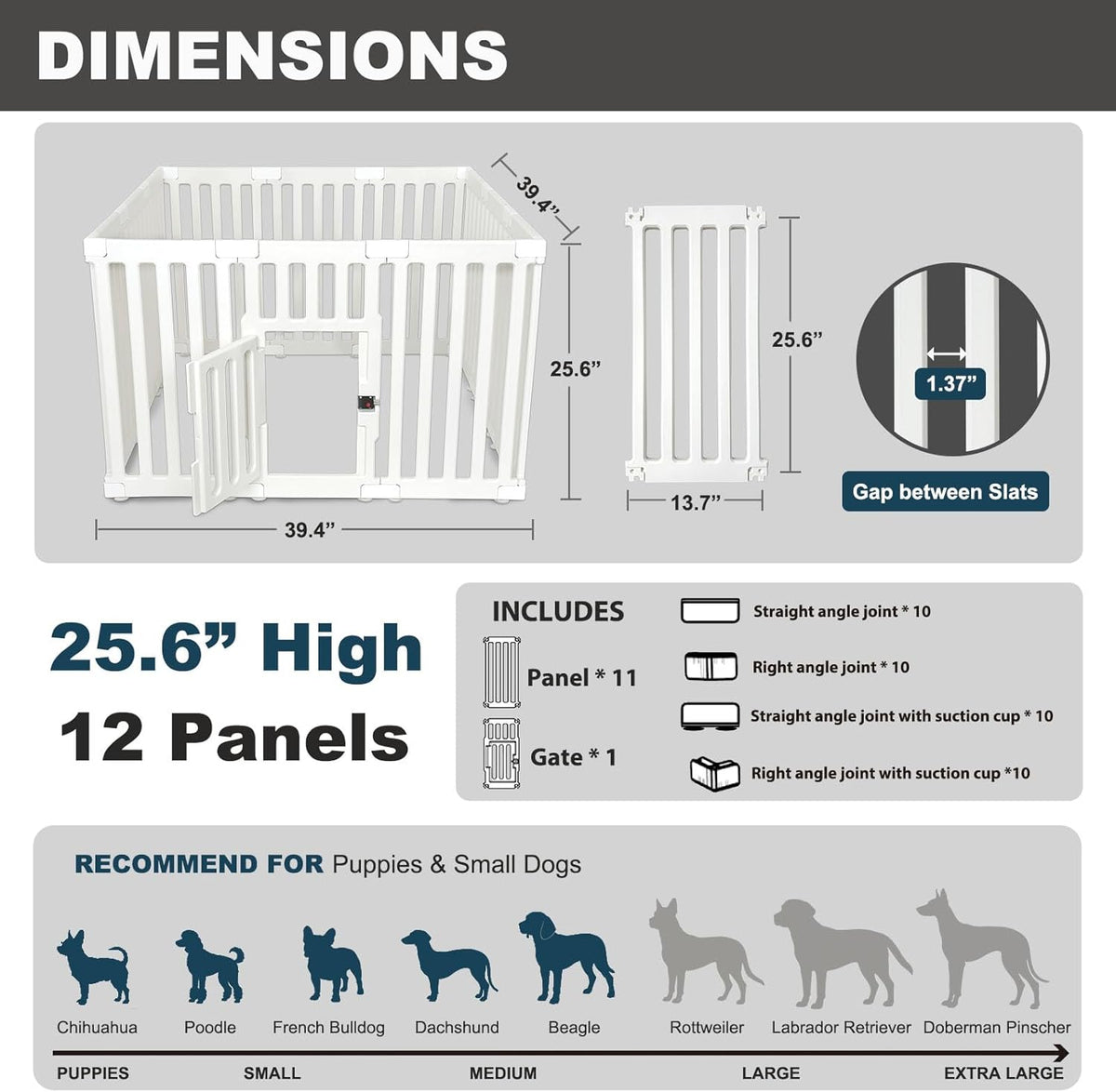 Dog Playpen with Door, 12 Panels Puppy Playpen, 25.6” H Dog Pen for Small Cats and Dogs, Pet Fence