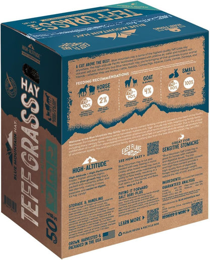 Blue Mountain Hay High-Altitude Teff Grass Hay, 50lb Easy Flake Box - Low NSC & High Fiber for Easy