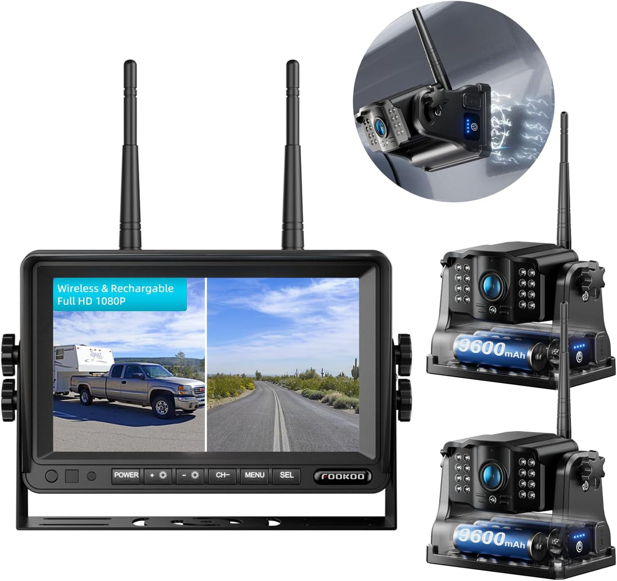 Fookoo HD Magnetic Wireless Backup Camera, 1080P 7" Dual Split Monitor & Rechargeable Rear View