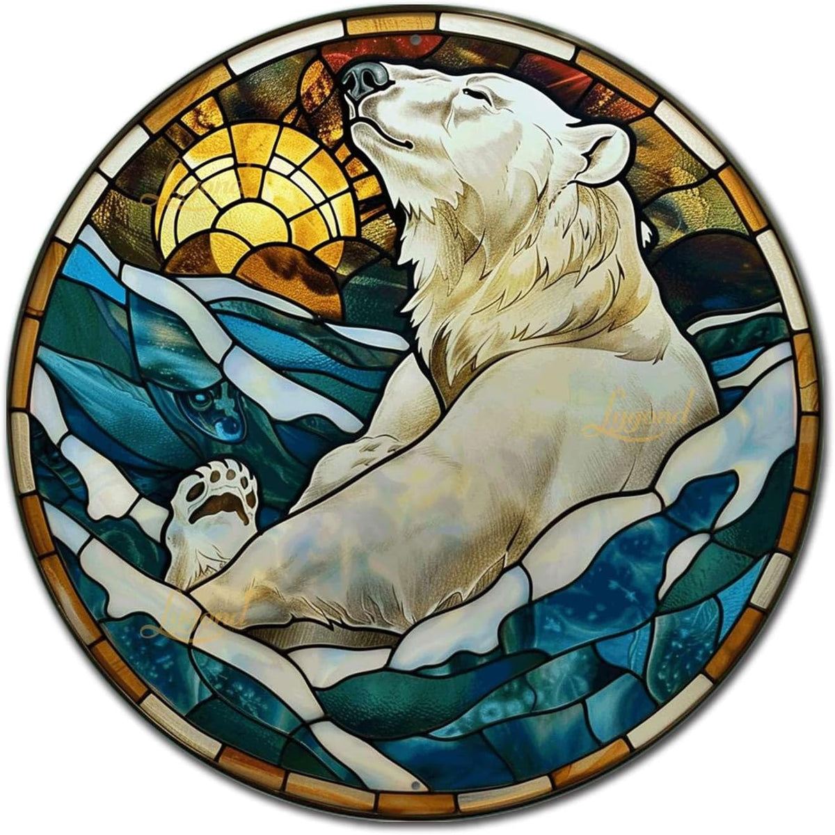 Lygond Metal Sign Tin Sign Circular Stained Glass Polar Bear Boho Decorations For Home For Gift 8×8