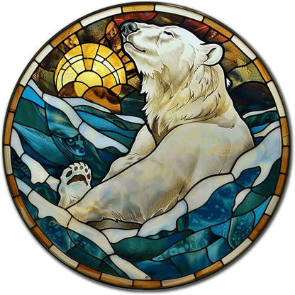 Lygond Metal Sign Tin Sign Circular Stained Glass Polar Bear Boho Decorations For Home For Gift 8×8