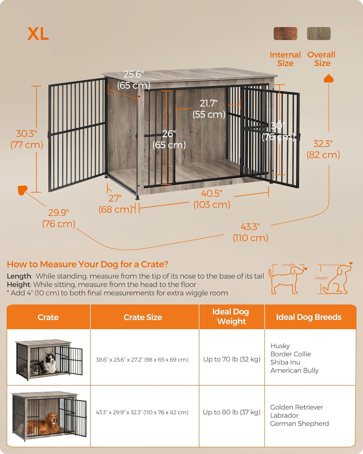 Feandrea Dog Crate Furniture, 43.3" Side End Table, Modern Kennel for Dogs Indoor up to 80 lb