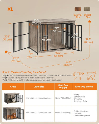Feandrea Dog Crate Furniture, 43.3" Side End Table, Modern Kennel for Dogs Indoor up to 80 lb
