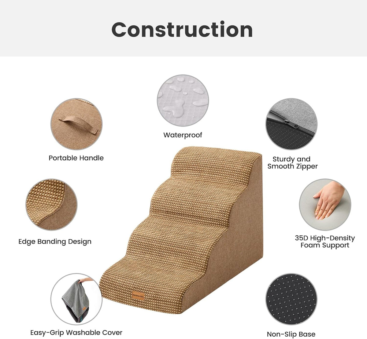 Gardner Pet Dog Stairs for Small Dogs 19.7" H, 4-Step Brown Curved Pet Stairs, Dog Steps for High
