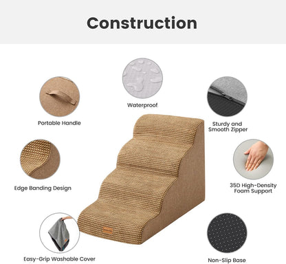 Gardner Pet Dog Stairs for Small Dogs 19.7" H, 4-Step Brown Curved Pet Stairs, Dog Steps for High