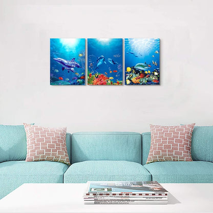 blue ocean fish 3 Pieces Framed Wall Art for Living Room Bathroom Wall Decoration Canvas Print