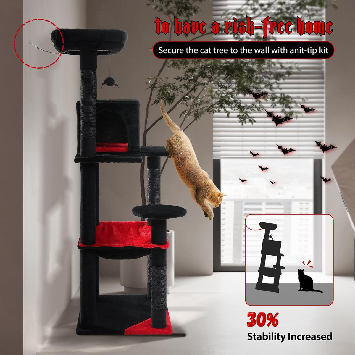 PETEPELA 56.3" Gothic Cat Tree for Indoor Cats, Tall Cat Tower with Super Large Hammock (20"X16")