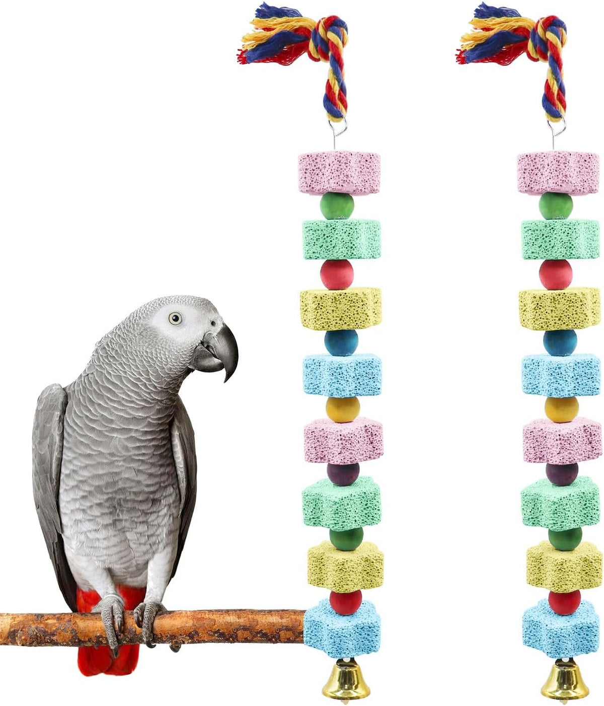2 Pack Mineral Block Chew Toys with Colorful Beads and a Bell, Bird Beak Grinding Stone, Cage