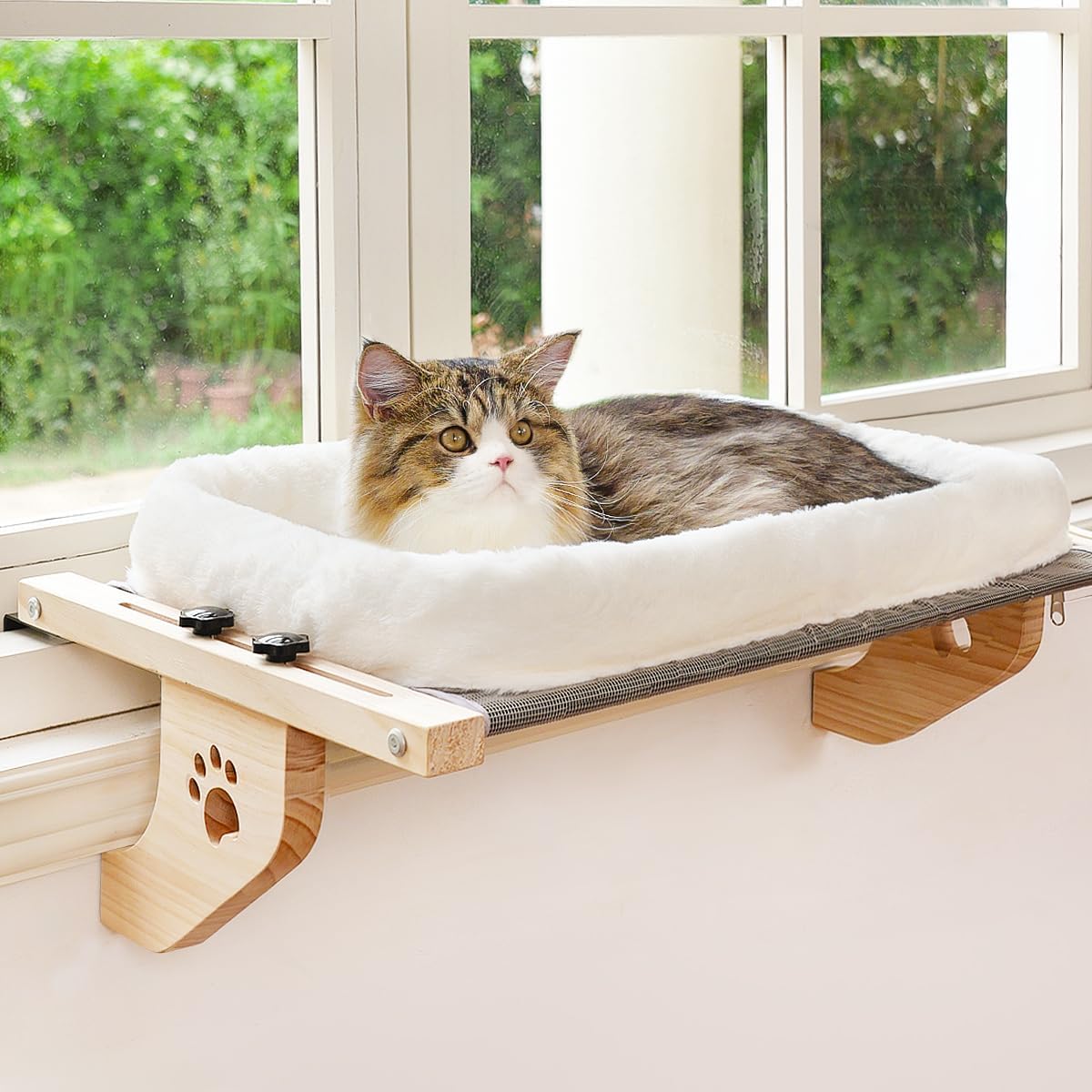 AMOSIJOY Cat Sill Window Perch Sturdy Hammock Seat with Cushion Bed Cover, Wood & Metal Frame for