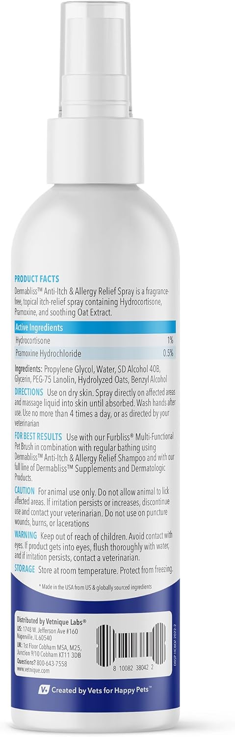 Vetnique Dermabliss Anti Itch Spray for Dogs & Cats with Hydrocortisone for Allergies and Immediate